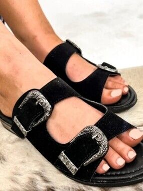 Beast Fashion Women’s Black Velvet Double-Buckle Slide Sandals Western Boho